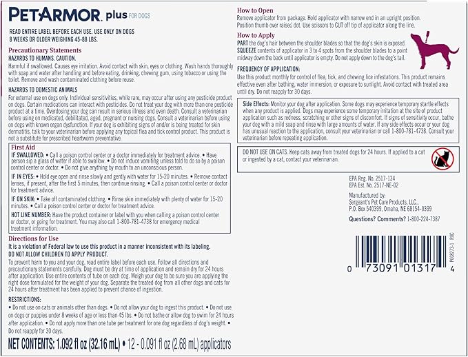 PetArmor Plus Flea and Tick Prevention for Dogs, Large Dog Flea and Tick Treatment, 12 Doses, Waterproof Topical, Fast Acting (45-88 lbs)