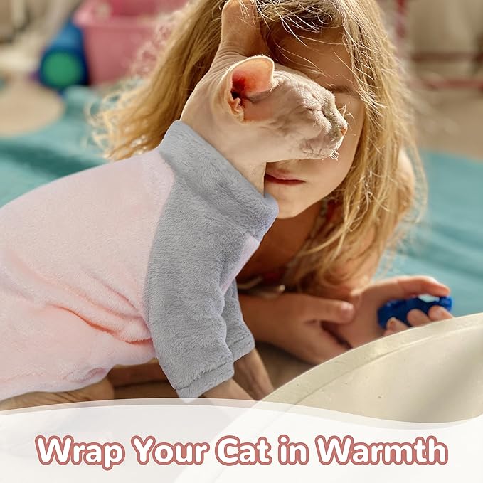 PUMYPOREITY Cozy Cat Sweater with Sleeves, Soft Coral Fleece Cat Clothes, Warm Winter Coat Thick Fleece for Hairless Cats, S, Pink