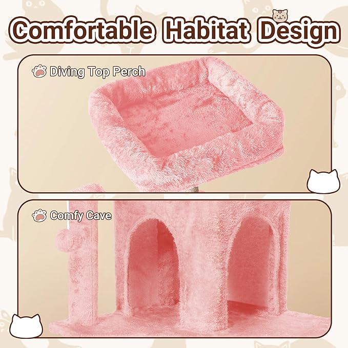 Cat Tree, 54-Inch Cat Tower for Indoor Cats,Plush Multi-Level Cat Condo with Scratching Posts, Basket, Perches,2 Caves,2 Pompoms(Pink)