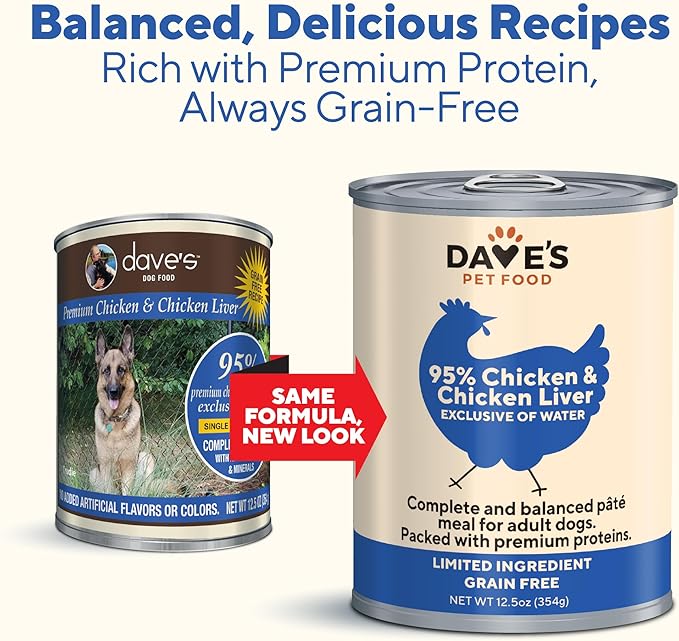 Dave's Pet Food Grain Free Wet Dog Food (95% Chicken & Chicken Liver), Made in USA Single-Source Protein, Limited Ingredients, 12.5 oz Cans (12 Pack)