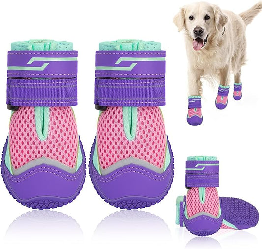 SlowTon Dog Shoes for Large Small Medium Dogs - Breathable Dog Boots for Summer Hot Pavement, Paw Protector for Outdoor Walking Winter Snow, Anti-Slip Rubber Dog Booties for HardFloor (Pink, 4)