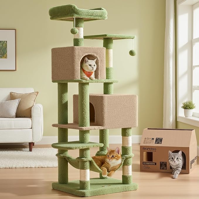 Feandrea Cat Tree, 61-Inch Cat Tower for Indoor Cats, Plush Multi-Level Cat Condo with 5 Scratching Posts, 2 Perches, 2 Caves, Hammock, 2 Pompoms, Grass Green and Camel Brown UPCT192C03