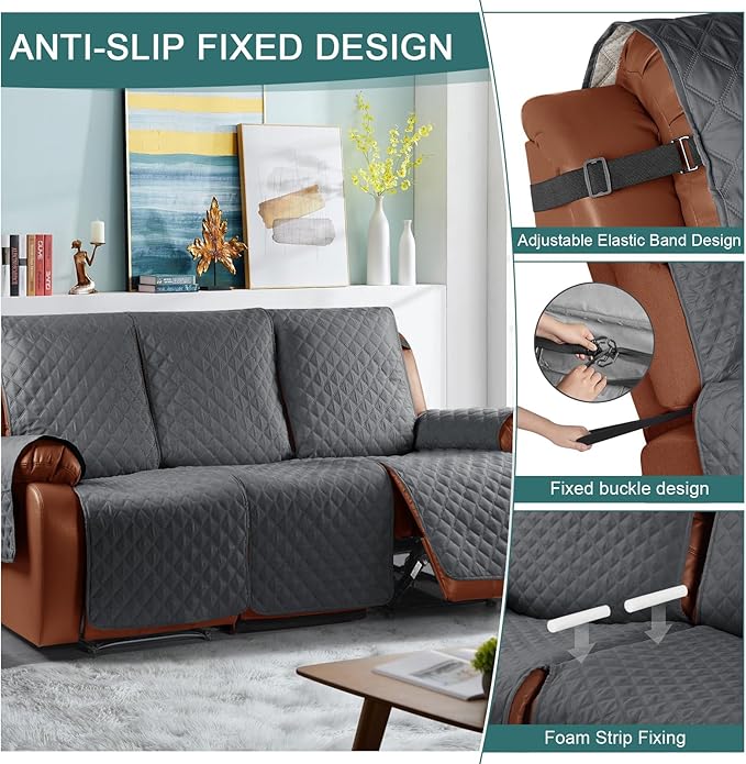 Ruaozz Waterproof Recliner Sofa Cover 1-Piece Couch Covers for Reclining Couches Reclining Sofa Cover Washable Furniture Protector with Elastic Straps Pocket for Kids, Pets (Dark Grey, 3 Seater)