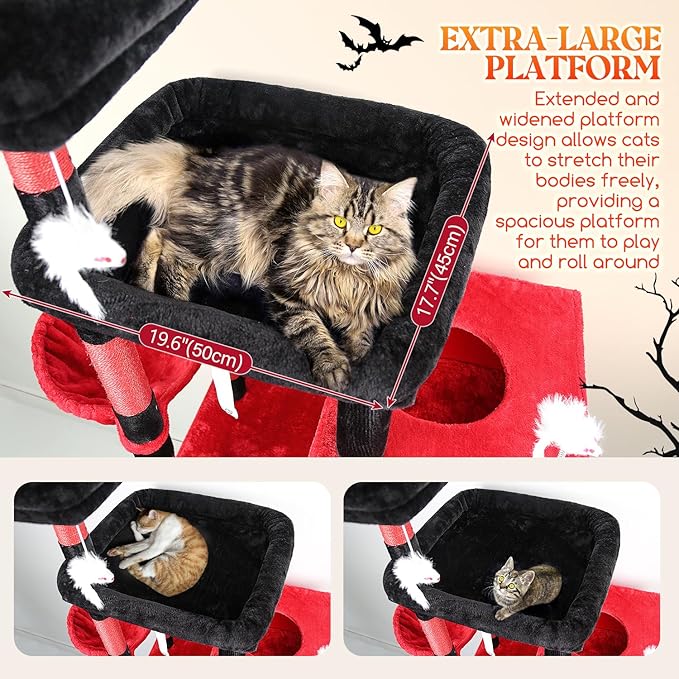 Globlazer Extra Large Gothic Cat Tower, 81-inch Tall Goth Cat Tree for Big Cats 20 lbs, XXL Heavy Duty Cat Scratching Tower for Indoor Adult Cats with 3 Cat Condos, 8 Scratching Posts, F81, Black Red