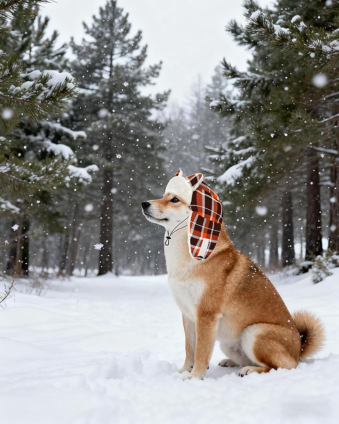 PET SHOW Dog Trapper Hat Winter Hat for Small Medium Dogs Fall Thanksgiving Warm Fleece Aviator Hats with Ear Flaps Adjustable Outdoor Boy Pet Pilot Costume Cap M-Orange Plaid/Without Ear Holes