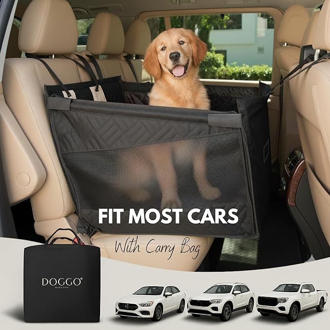 Premium Dog Car Seat & Back Seat – Waterproof & Non-Slip Travel Hammock with Storage Pockets | Secure & Comfortable Pet Seat Cover for Medium Dogs – Fits Cars, SUVs & Trucks (Black)