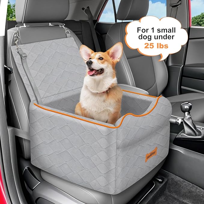 Small Dog Car Seat, Waterproof Dog Booster Seat with Thick Cushion & Safety Leash, Removable Car Back Seat Bed for 1 Small Dogs Under 25lbs, Pet Car Seat for Travel, Gray