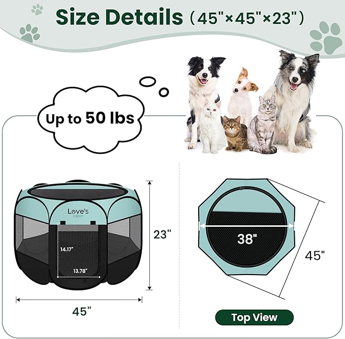 Love's cabin Pet Puppy Dog Playpen, Large Dog Tent Crates Cage Indoor/Outdoor, Portable Playpen for Cat, Foldable Pop Up Dog Kennel Playpen with Carring Case, Removable Zipper Top, Green