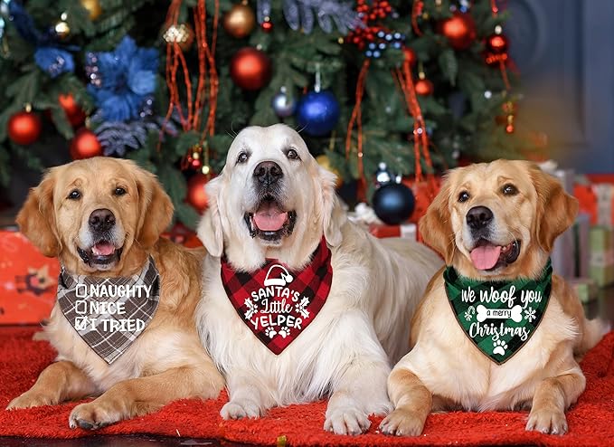 4 Pack Christmas Dog Scarves - Plaid Triangle Bandanas for Small to Large Dogs and Cats - Holiday Pet Accessories Gift Set