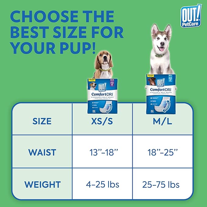 OUT! PetCare Disposable Male Dog Wraps, Puppy Pee Wraps, Belly Bands for Dogs, Leak Proof, Wetness Indicator, Puppy and Doggie Diaper for Peeing, Medium/Large, 32 Count