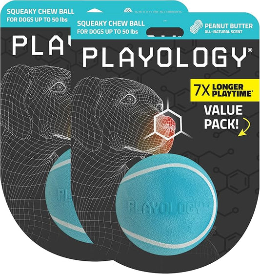 Playology Dog Toys | Squeaky Chew Ball - Bouncy Durable Floating Fetch Ball for Dogs, Value 2-Pack | Medium Peanut Butter Scented Toy - Easy to Clean and Made from Non Toxic Materials