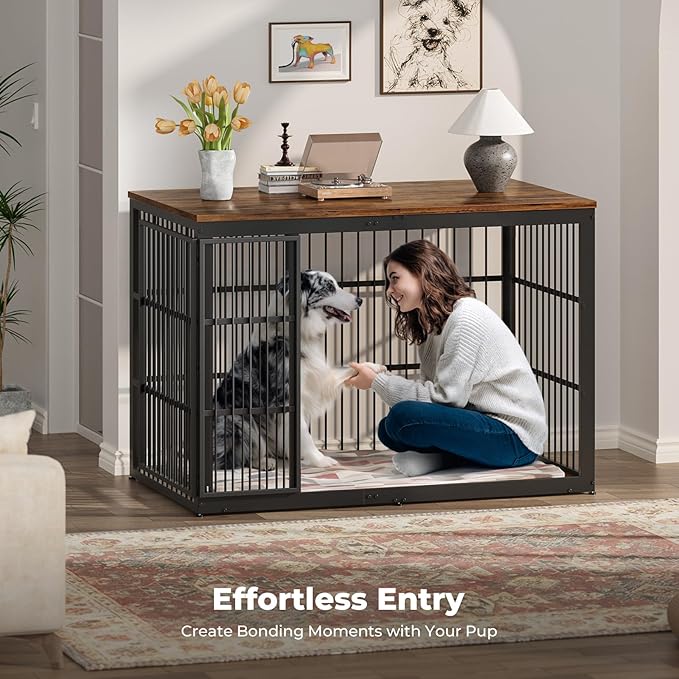 Lyromix 54" Dog Crate Furniture with Foldable Door, XXL Dog Crates for Large Dogs, Wooden Decorative Dog Cage Kennel Indoor End Table, Rustic Brown