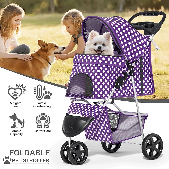 MoNiBloom 3 Wheels Pet Dog Cat Stroller for Small Medium Dogs Cats, Foldable Jogger Stroller w/Storage Basket and Cup Holder, Purple Polka Dots