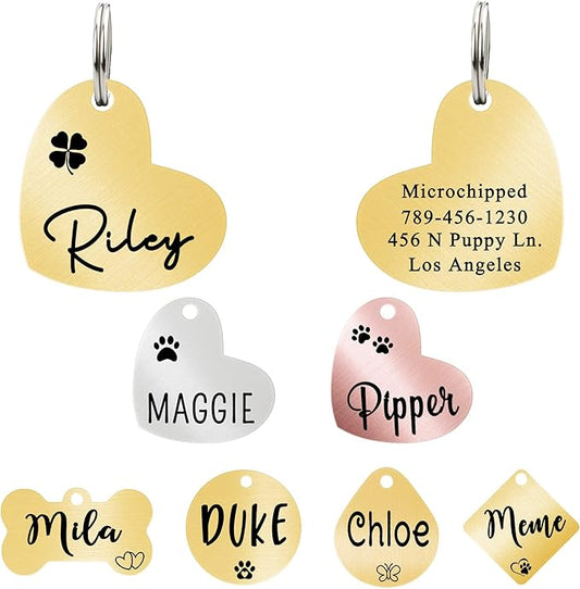 Ultra Joys Custom Personalized Pet ID Tag - Brushed Stainless Steel Heart Dog Tag Gold Medium