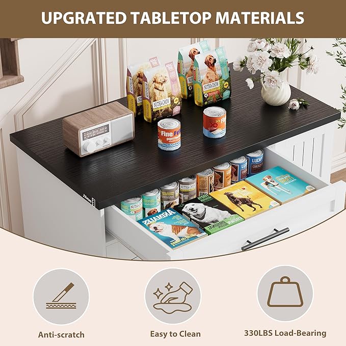 Furniture Style Dog Crate for Large Dogs, 44 Inch Heavy Duty Wooden Dog Kennel Furniture with Drawer & Side Storage and Bulit-in Feeding Station,White Set of 2