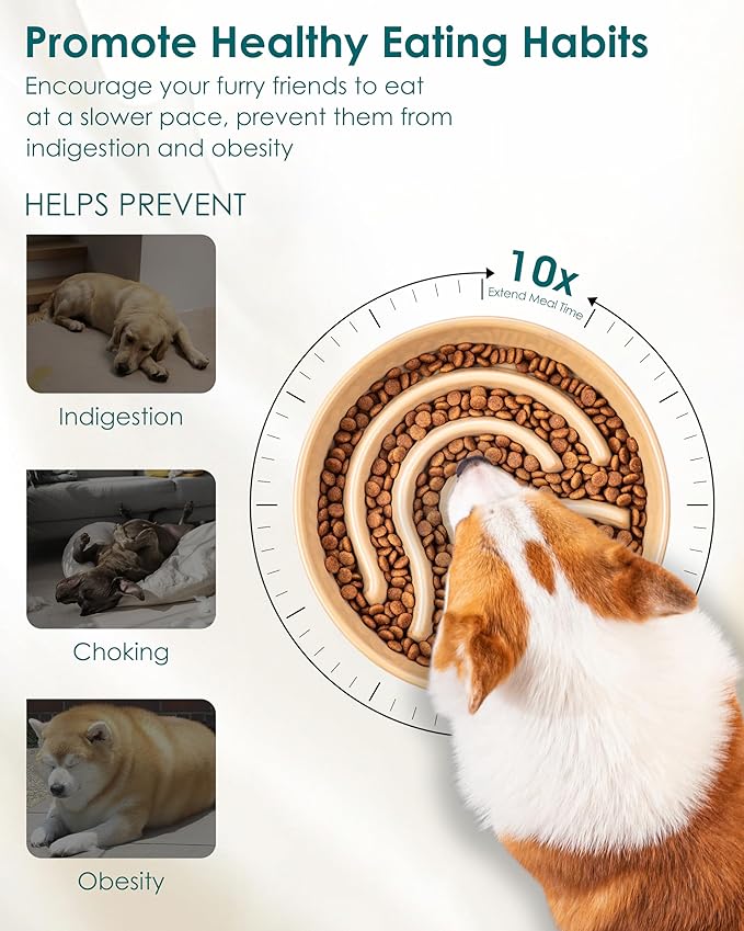 vancasso Slow Feeder Dog Bowl, 1.5 Cup Ceramic Slow Feeding Food Dish for Small and Medium Breed, Puzzle Dog Food Bowl for Fast Eater, Brown