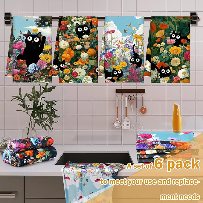 Redbaker 6 Pcs Black Cat Kitchen Towels Retro Wildflower Floral Dish Towel Cute Kitty Absorbent Kitchen Hand Tea Dishcloth with Hanging Loop for Cat Lover Bathroom Home Housewarming Gift