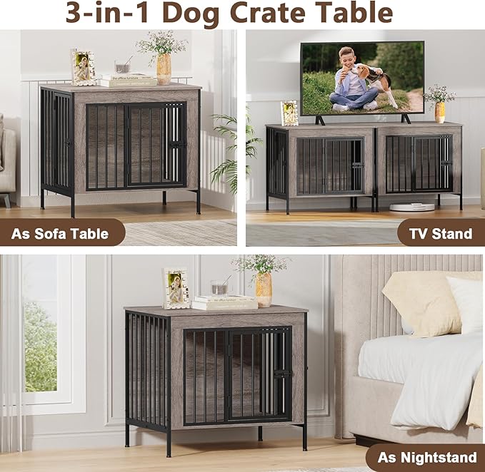 EasyCom Dog Crate Furniture for 1 or 2 Dogs, Heavy Duty Single/Double Dog Crates for Small/Medium/Large Dogs, Dog Kennel Furniture Indoor as TV Stand, Small Size 28.15" L(0-20 Pounds), Oak Grey
