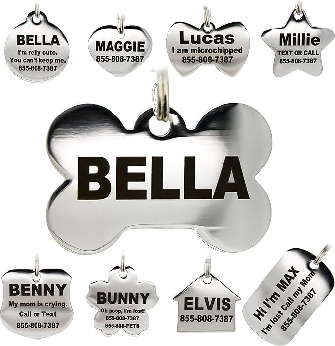 Stainless Steel Pet ID Tags - Engraved Personalized Dog Tags, Cat Tags Front & Back up to 8 Lines of Text – Bone, Round, Heart, Flower, Badge, House, Star, Rectangle, Bow Tie
