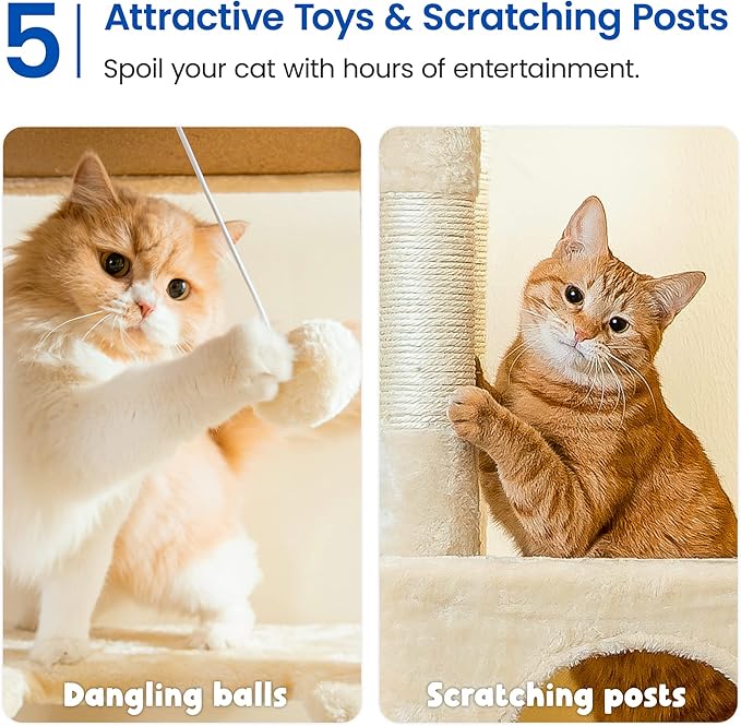 MWPO Extra Large Cat Tree - 70.1-Inch Tall Cat Tower with 3 Cat Condos, Multi-Level Cat Stand for Large Cats Featuring Scratching Posts, Padded Perches, Hammock, Dangling Toys, Beige