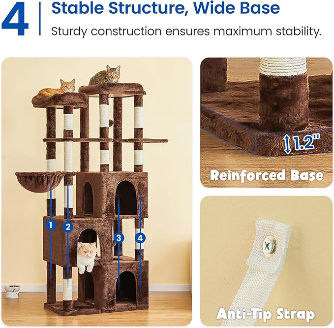 MWPO Extra Large Cat Tree - 70.1-Inch Tall Cat Tower with 3 Cat Condos, Multi-Level Cat Stand for Large Cats Featuring Scratching Posts, Padded Perches, Hammock, Dangling Toys, Brown