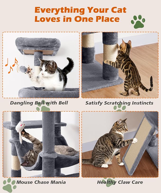 AMHANCIBLE Heavy Duty Cat Tree for Indoor Cats Large Adult 20 lbs+, 83 Inch Multi-Level Tall Cat Tower with Scratching Post and Board, Hammock, Condos, Hanging Basket, Grey, PT21GY