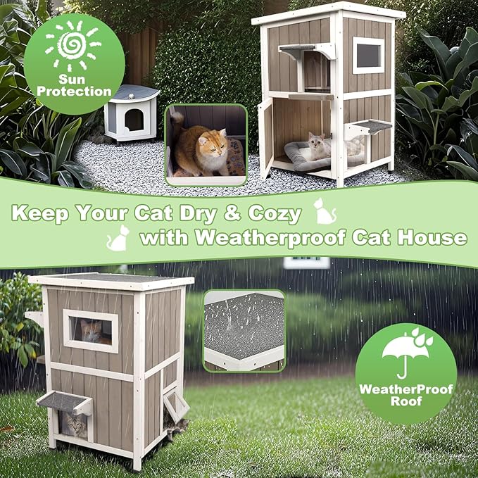 Outdoor Cat House Weatherproof, Two Story Wooden Feral Cat House Shelter with 2 Escape Door, Outside Cat Condo for Small Animals with Openable Asphalt Roof, Grey