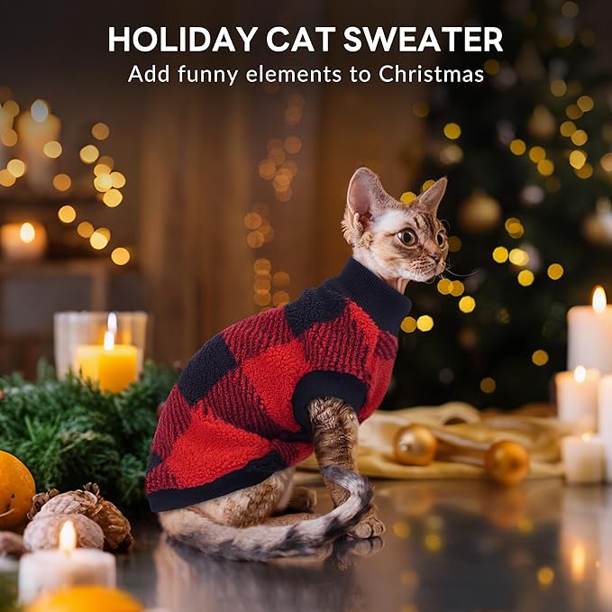 PUMYPOREITY Winter Warm Cat Sweater - Super Soft & Elastic Knit with Plush Fleece, Easy-On Design with Ribbed Neck & Cuffs, Stretchy Cat Outfit for Indoor/Outdoor Use,Red, L
