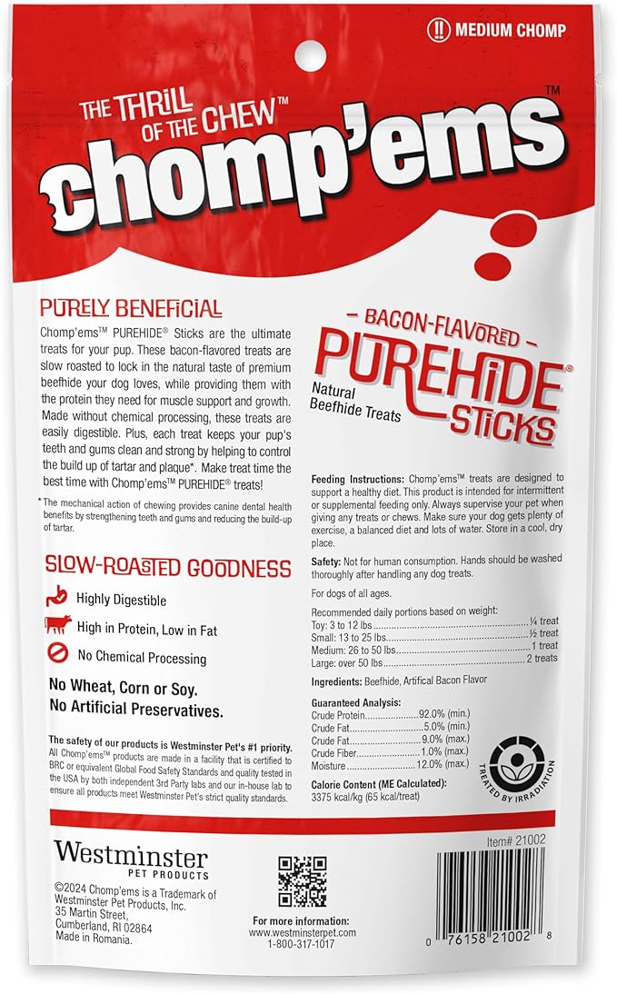CHOMP 'EMS Purehide Sticks Healthy Natural Rawhide Dog Chew, 4 oz