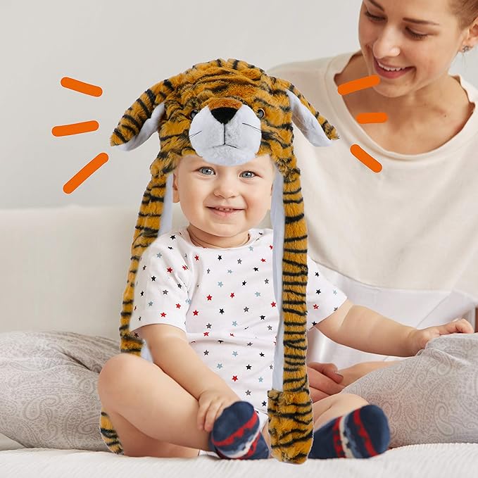 Animal Hat with Ears Moving Jumping Pop Up Beating Hat Plush Holiday Cosplay Dress Up Funny Gift for Kids