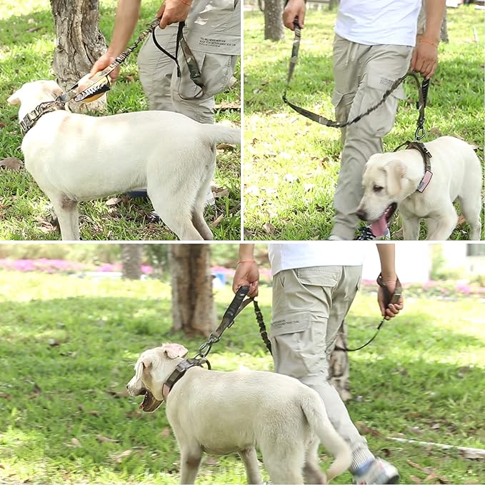 Hotsky Tactical Dog Leash Heavy Duty for Medium Large Dogs That Pull,4-6Ft Strong Bungee Shock Absorbing Military Dog Leash with Padded Double Handle and Car Seatbelt,Camo