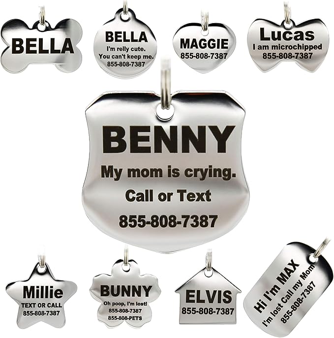 Stainless Steel Pet ID Tags - Engraved Personalized Dog Tags, Cat Tags Front & Back up to 8 Lines of Text – Bone, Round, Heart, Flower, Badge, House, Star, Rectangle, Bow Tie