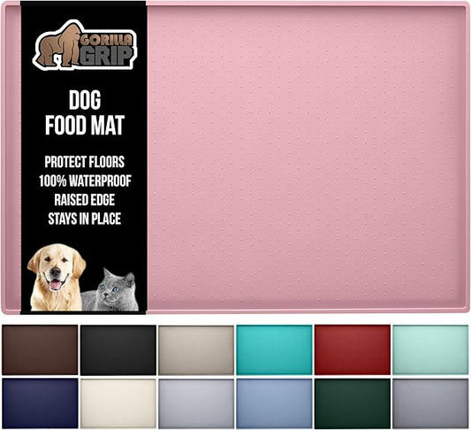 GORILLA GRIP 100% Waterproof Raised Edge BPA Free Silicone Pet Feeding Mat, Dog Cat Food Mats Contain Spills Protects Floors, Placemats for Cats and Dogs Water Bowl, Pets Accessories 23x15 Pink