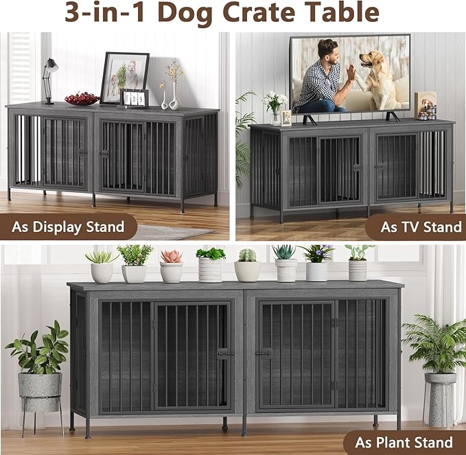 EasyCom Dog Crate Furniture for 1 or 2 Dogs, Heavy Duty Single/Double Dog Crates for Small/Medium/Large Dogs, Dog Kennel Furniture Indoor as TV Stand, Large Size 78.74" L(35-60 Pounds), Dark Grey