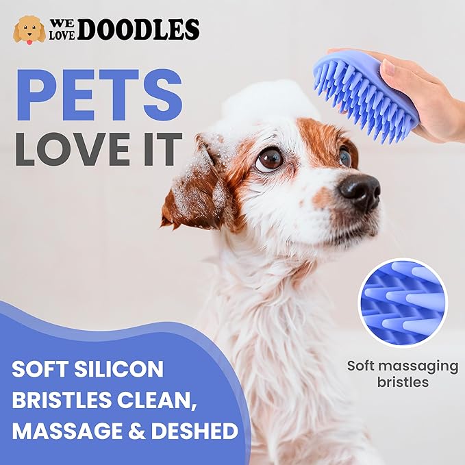 We Love Doodles Pet Rubber Bath Brush and Dog Shampoo (Bundle) - for Shower Scrubbing & Soothing Massage and Organic Dog Shampoo, Conditioner & Detangler - Made in The USA