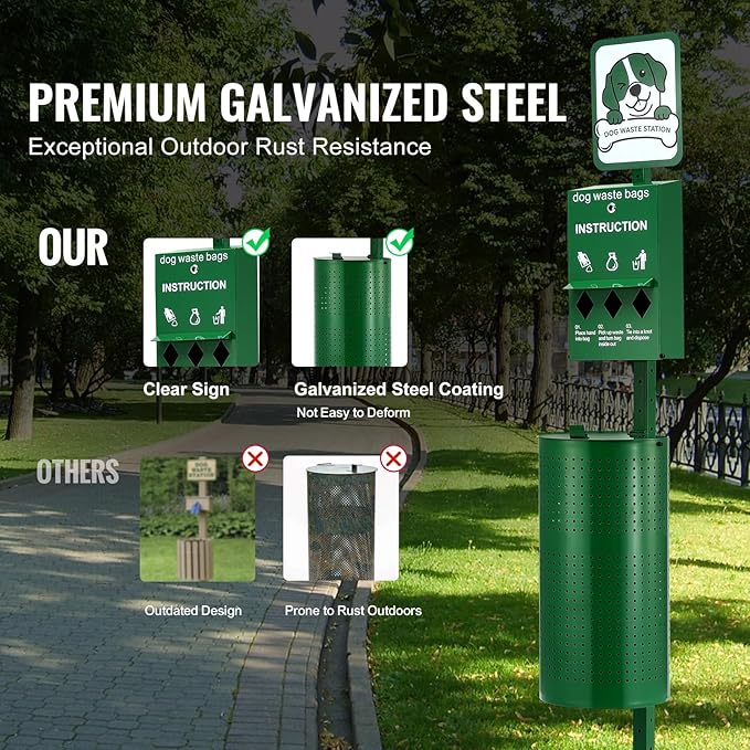 VEVOR Pet Waste Bin, 11.5 Gallon Dog Poop Station with 50 Liners & 600 Bags, Outdoor Dog Waste Disposal System