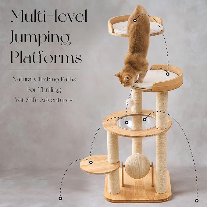 797Audio Modern Solid Wood Cat Tree Tower, 49" Tall Cat Tree with Sisal Scratching Posts and Capsule for Large Cats, Natural Oak Wooden Cat Tower,Aesthetic Multi-Level Cat Climbing Tree for Indoor Cat