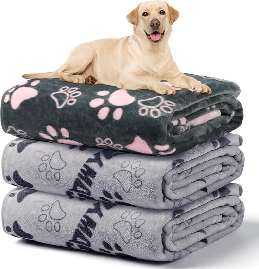 1 Pack 3 Dog Blankets for Large & Medium Dog Blanket Super Soft Fluffy Premium Fleece Pet Blanket Flannel Throw for Dog Puppy Cat Paw Prints, Grey Pink, 41x31inch