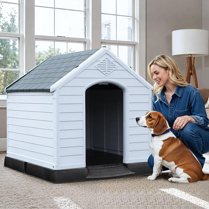 YITAHOME Plastic Dog House, Waterproof Indoor Outdoor Doghouse for Large or Small Dog, with Air Vents and Elevated Floor, Easy Assemble and Clean
