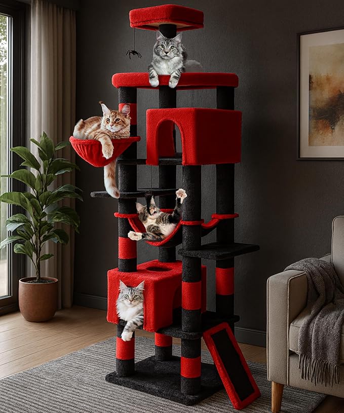 AMHANCIBLE Gothic Heavy Duty Cat Tree for Indoor Cats Large Adult 20 lbs+, 83 Inch Multi-Level Tall Cat Tower with Scratching Post and Board, Hammock, Condos, Hanging Basket, Black Red, PT21RD