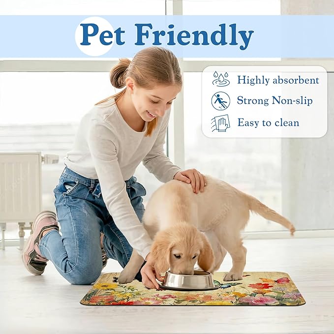 Vintage Butterfly Floral Pet Food Mat for Cats and Dogs–Absorbent Quick Dry Feeding Placemat, Non Slip Rubber Base, Waterproof Bowl Mat for Indoor Use, Pet Supplies 12"x20"