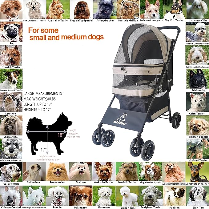 ROODO 4 Wheel Dog Cat Pet Stroller Best Lightweight Foldable Compact Portable Jogger All Terrain Travel Pet Gear Puppy Doggie Bunny Kitty Stroller for up to 30lbs Medium Small Dogs Cats(Light Khaki)