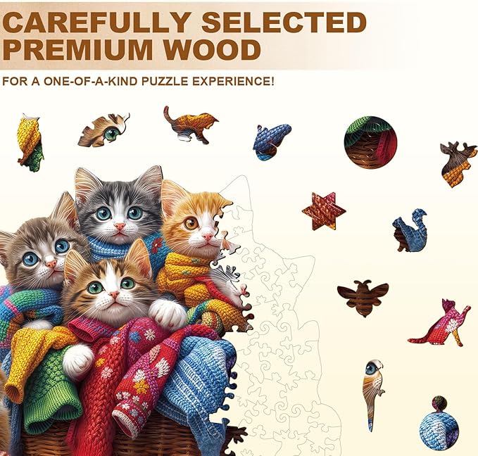 KAAYEE Wooden Puzzles for Adults, Colorful Fabric Cat 185 Piece Unique Animal Shape Puzzle, Cat Wood Puzzle for Adults, Creative Gifts for Friends/Family(11.4 * 10.9in)