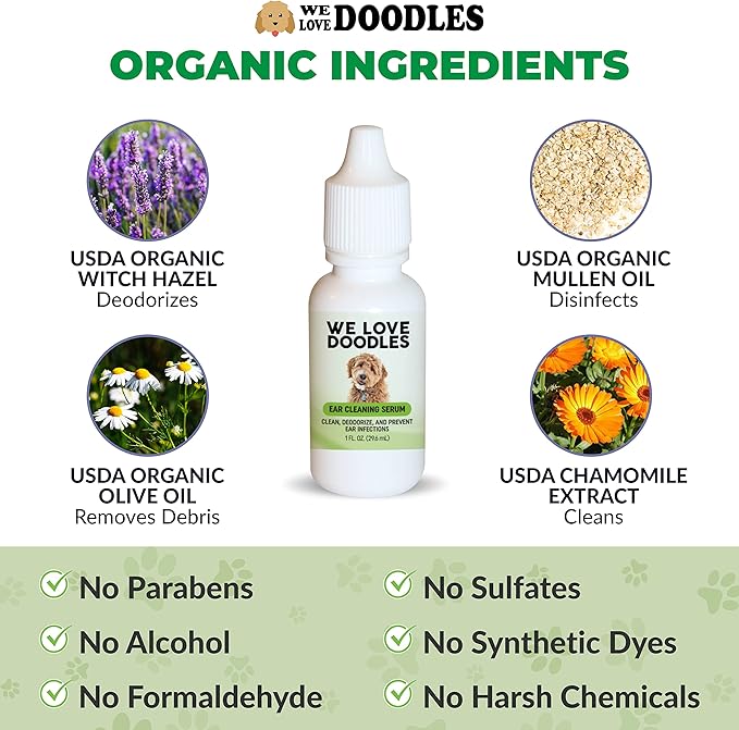 We Love Doodles Dog Ear Serum and Dog Cologne & Perfume Bundle - Ear Drops for Dogs and After Bath Deodorizer Kit - Deodorant for Smelly Dogs - Pet Wash Solution Ear Cleanser - Made in USA