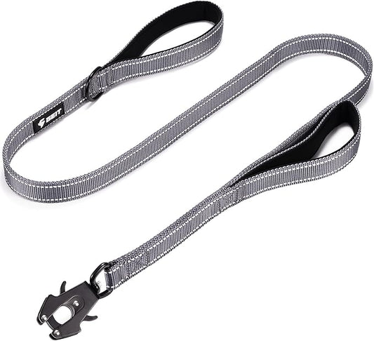 GEIT 4/5/6FT Heavy Duty Dog Leash with 2 Comfortable Padded Handles, Reflective Rope Leashes with Quick Release/Locking Tactical Frog Clip for Small Medium and Large Dogs, Grey