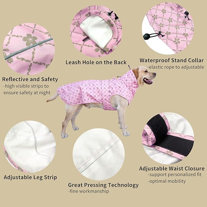 Adjustable Waterproof Dog Raincoat for Dogs,Lightweight Pet Rain Jacket Puppy Clothes with Reflective Strip for Small Medium Large Dogs(Medium,Gold Cheery Blossoms Pink)