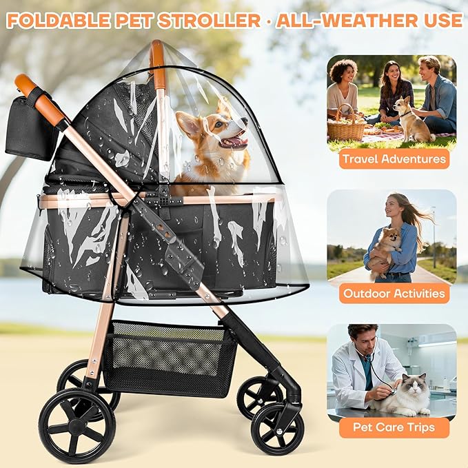 Dog Cat Stroller for Small/Medium Pets up to 50 lbs, 3-in-1 Foldable Pet Stroller with Detachable Carrier, Car Seat, Storage Basket, Cup Holder, Hanging Bag, Rain Cover, All-Terrain 4 Wheels (Black)