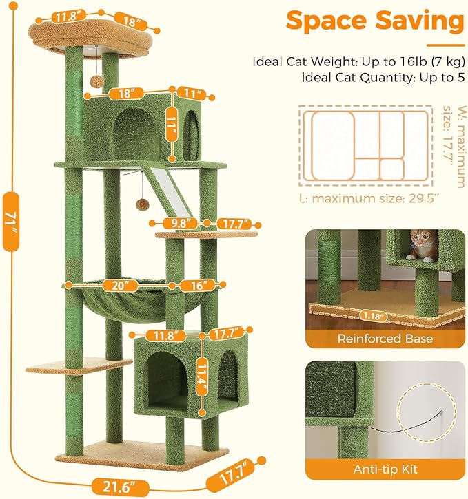 71 Inch Tall Cactus Cat Tree for Indoor Cats Large Adult, Multi-Level Cat Tower with Extra Large Hammock, 2 Cat Caves, Spacious Top Perch, Scratching Pad, Green