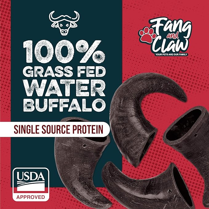 Water Buffalo Horn Dog Chew 4 Pack - Small 4" - All Natural Free Range Grass Fed Single Source Protein - No Chemicals, Additives, Hormones - Long Lasting, Good for Aggressive Chewers – by Fang & Claw