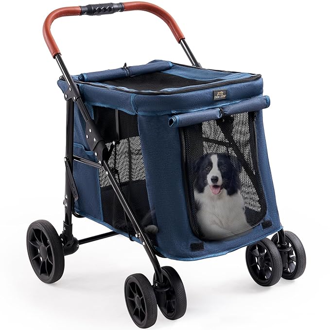 Scout 4 Wheels Pet Stroller for Small/Medium Dogs- One Button Fold, Adjustable Mesh Windows and Shades, 360° Swivel Front Wheels and Rear Wheel Brake, Navy Blue